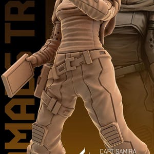 May include: A digitally rendered figure of a woman in futuristic attire, with a visor and tactical clothing. The image features the text "NOMADS TRIBE" and "SEPTEMBER RELEASE". The figure is holding a rectangular object.