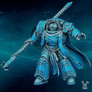 May include: A detailed, light blue miniature figure of a futuristic warrior in ornate armor, holding a large staff. The figure has a cape and is posed in a dynamic stance. The background is a dark blue with a starry pattern.