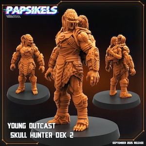 May include: Orange-toned resin figures of a Young Outcast Skull Hunter Dek 2, displayed on black circular bases. The figures have detailed armor and a textured appearance. The image includes the text "Papsikels" and "September 2025 Release."