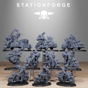 May include: A collection of gray miniature motorcycles with detailed rider figures. The motorcycles have various weapon attachments and are displayed on black stands. The text "STATIONFORGE" and a skull logo are visible.