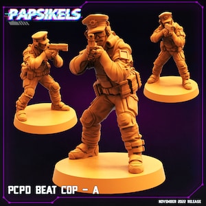 May include: A set of three miniature plastic figures of police officers in a tactical stance, holding guns. The figures are painted in a light brown color and are standing on round bases. The figures are labeled "PCPD Beat Cop - A".