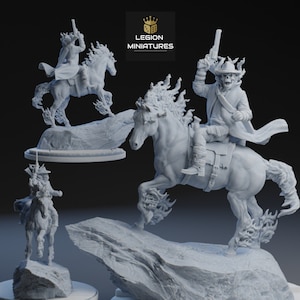 May include: Three miniature figures of skeletal riders on flaming horses. The figures are posed in dynamic action poses, with the riders holding pistols and the horses rearing up. The figures are made of a white plastic material and are unpainted.