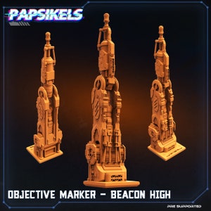 May include: A 3D printed, orange-colored, detailed model of a futuristic beacon. The model is a tall, slender structure with multiple levels and intricate details. The text "OBJECTIVE MARKER - BEACON HIGH" is printed at the bottom of the image.