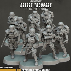 May include: A set of eight gray plastic miniatures of Star Wars Stormtroopers in desert camouflage. The miniatures are posed in various action stances and are holding blasters. The miniatures are pre-supported and are part of a bundle.