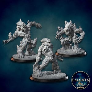 May include: Three gray monster figurines with detailed textures, posed on round black bases. The creatures have menacing expressions and are surrounded by stylized smoke or flame effects. The Falcata Sculpt 3D Studio logo is in the bottom right corner.