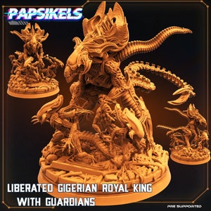 May include: A 3D printed miniature of a Xenomorph Queen with three smaller Xenomorphs. The Queen is standing on a circular base with the text "Liberated Gigerian Royal King with Guardians" printed on it. The miniature is painted in a brown and tan color scheme.