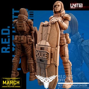 May include: A 3D printed miniature of a riot police officer holding a shield with the word "POLICE" printed on it. The officer is wearing a helmet and body armor. The miniature is painted in a brown and tan color scheme. The text "R.E.D UNIT OFFICER" and "RIOT ENFORCEMENT DIVISION" is printed on the base of the miniature.