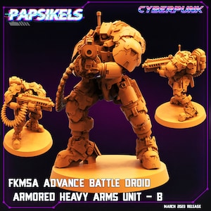 May include: A 3D printed miniature of a futuristic battle droid, painted in a light orange color. The droid is holding a large weapon and has a detailed design. The miniature is part of a set called "FKMSA Advance Battle Droid Armored Heavy Arms Unit - B".
