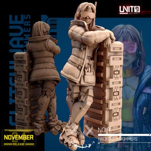 May include: A 3D printed miniature of a female figure wearing a brown jacket, black pants, and roller skates. She is holding a large, rectangular box with the text "NOIR HACKERS & SKIMMERS" printed on it. The figure is posed in a dynamic action pose, leaning against the box. The miniature is part of a set called "Glitchwave" and is designed for tabletop gaming.