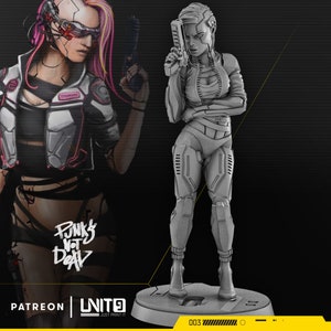 May include: A digitally rendered image featuring a futuristic female figure with cybernetic enhancements, holding a pistol. The figure is in a grey color scheme, with a detailed design. The image includes the text "Punks Not Dead" and "UNIT9 JUST PRINT IT".