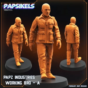 May include: A 3D printed miniature figure of a person wearing a brown jacket, pants, and boots. The figure is standing on a round base. The figure is in a walking pose. The figure is part of a set of miniatures called "Working Bro - A" by Papz Industries.