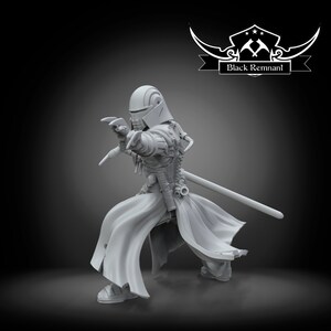 May include: A grey 3D printed miniature of a figure wearing a helmet and a long robe, holding a weapon. The figure is posed in a fighting stance. The miniature is labeled "Black Remnant".