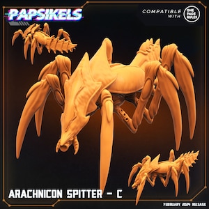 May include: A 3D printed, orange-brown, detailed model of a spider-like creature with multiple legs and a segmented body. The model is titled "Arachnicon Spitter - C" and is compatible with one-page rules.