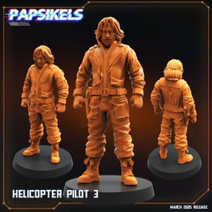 May include: A set of three miniature figures of a pilot in a jumpsuit. The figures are painted in a light brown color and are posed in different stances. The figures are labeled "Helicopter Pilot 3".