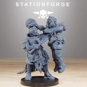 May include: A gray 3D printed miniature of a skeletal knight fighting a zombie. The knight is wearing armor and wielding a sword. The zombie is attacking the knight with its arms outstretched. The miniature is set on a black base.