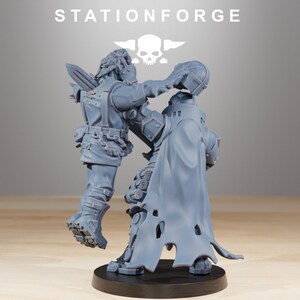 May include: A gray plastic miniature figure of a human character holding a sword and attacking a larger, gray plastic miniature figure of a robot character. The robot character is wearing a cape and has a helmet on its head. The figures are standing on a black base.