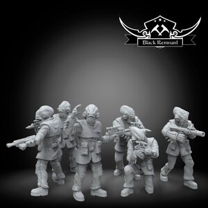 May include: A group of six gray plastic miniature figures of humanoid aliens wearing helmets and holding weapons. The figures are posed in a variety of action stances. The figures are part of a set called "Black Remnant".