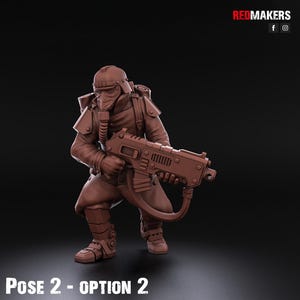 May include: A brown plastic miniature figure of a soldier wearing a gas mask and holding a futuristic weapon. The figure is posed in a dynamic action stance. The text "POSE 2 - OPTION 2" is visible at the bottom of the image.