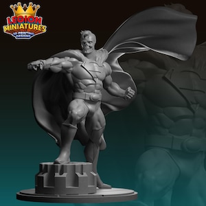 May include: A gray 3D printed figurine of Superman with a skull face, wearing a cape and standing on a circular base.