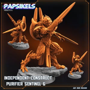 May include: Orange-colored Independent Construct Purifier Sentinel 6 figurine. The figure is in a dynamic pose, holding two swords. The base is a light gray color. The text "Papsikels" is at the top, and "Independent Construct Purifier Sentinel 6" is at the bottom.
