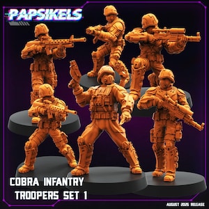 May include: Set of six orange Cobra Infantry Troopers figurines. Each figure is posed with weapons, wearing helmets and tactical gear. The text "Papsikels" and "Cobra Infantry Troopers Set 1" are visible. The release date is August 2025.