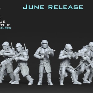 May include: A set of six grey plastic miniature figures of soldiers wearing futuristic armor and helmets. The figures are holding weapons and are posed in various action stances. The figures are part of a June release from Blue Wolf Miniatures.