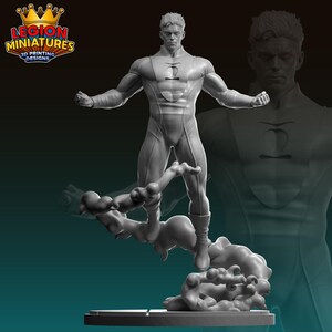 May include: A gray 3D printed miniature of a superhero standing on a cloud-like base. The superhero is wearing a white suit with a black symbol on the chest. The miniature is posed in a dynamic action pose with arms outstretched.
