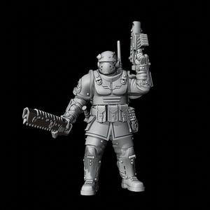 May include: A gray plastic miniature figure of a soldier wearing futuristic armor and holding two weapons. The soldier is standing on a black background.