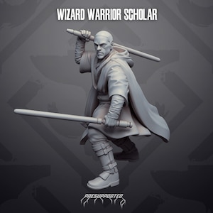 May include: A 3D-printed figurine of a warrior in a flowing robe, holding two lightsaber-like weapons. The figure is in a dynamic pose, with the text "WIZARD WARRIOR SCHOLAR" above and "PRESUPPORTED" below.