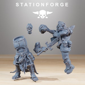 May include: A gray plastic miniature of a fantasy character holding a sword and a skull. The character is wearing a tunic and pants. The miniature is standing on a wooden surface. The miniature is part of a set of miniatures for a tabletop game.