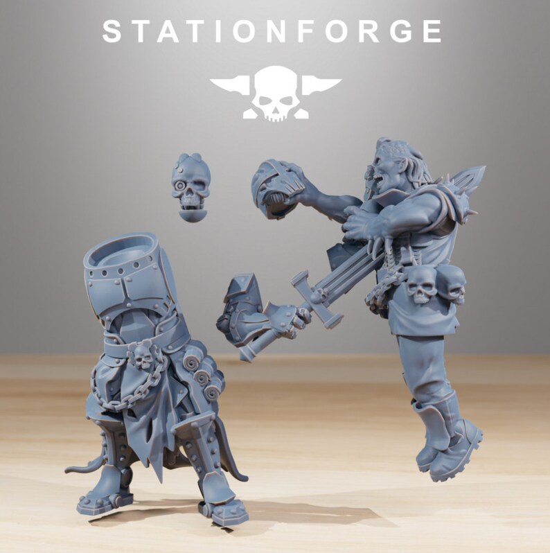 May include: A gray plastic miniature of a fantasy character holding a sword and a skull. The character is wearing a tunic and pants. The miniature is standing on a wooden surface. The miniature is part of a set of miniatures for a tabletop game.