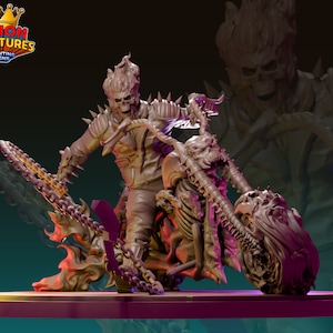 May include: A 3D printed miniature of a skeletal figure riding a motorcycle with flames. The figure is wearing a leather jacket and has a skull for a head. The motorcycle is also skeletal and has flames coming from the engine.
