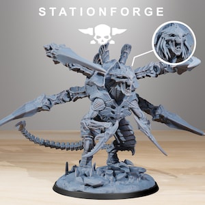 May include: A detailed gray miniature figure of a monstrous creature with multiple arms, blades, and a segmented tail. The figure has a detailed head with sharp teeth and is mounted on a rocky base. The text "STATIONFORGE" is at the top.