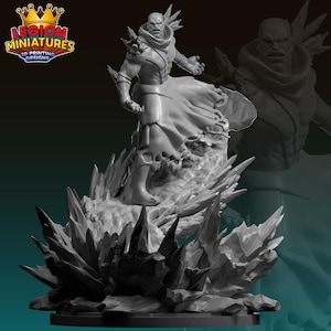 May include: A 3D-printed miniature of a muscular figure with a flowing cape, standing atop a jagged, crystalline base. The figure has a stern expression and is posed with outstretched arms. The Legion Miniatures logo is visible.