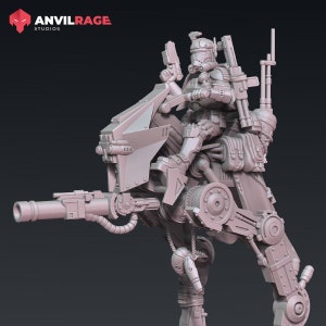 May include: A gray, detailed, 3D printed model of a futuristic, sci-fi, armored,  soldier riding a mechanical,  wheeled,  walking,  combat vehicle. The soldier is holding a blaster pistol in one hand and has a helmet with a visor. The vehicle has a large cannon on the front and a variety of other weapons and equipment.
