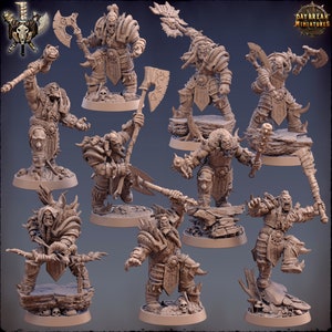 May include: A collection of detailed miniature figures of Orc warriors, each posed with weapons like axes and clubs. The figures are in various action stances, showcasing armor and intricate designs. The Daybreak Miniatures logo is visible in the top right corner.