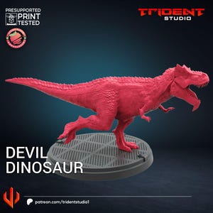 May include: A bright pink 3D printed miniature of a dinosaur, called a "Devil Dinosaur", standing on a gray circular base. The dinosaur is running with its mouth open and its claws extended. The text "Trident Studio" is in the upper right corner of the image.