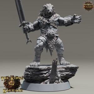 May include: A gray, detailed miniature figurine of a lion-headed warrior holding a sword. The warrior is standing on a rocky base with a tree stump. The miniature is part of the "The Kings of Karmaaz" collection.