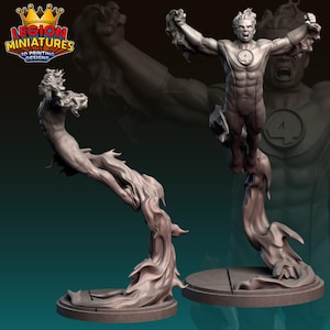 May include: A gray 3D-printed figurine of a superhero in a dynamic pose, with flames emanating from the body. The figure is wearing a suit with a large number 4 on the chest. The base is a circular platform. The logo "Legion Miniatures 3D Printing Designs" is in the upper left corner.