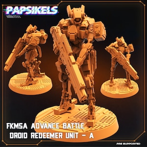 May include: A 3D printed model of a futuristic robot, or droid, holding a large gun. The robot is standing on a circular base with a grid pattern. The text "FKMSA ADVANCE BATTLE DROID REDEEMER UNIT - A" is printed on the base. The model is pre-supported.