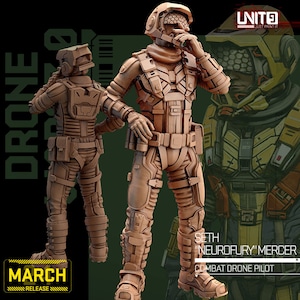 May include: A detailed 3D printed miniature of a futuristic combat drone pilot wearing a helmet and armor. The pilot is holding a weapon and has a serious expression on their face. The miniature is painted in a brown color and has a high level of detail.