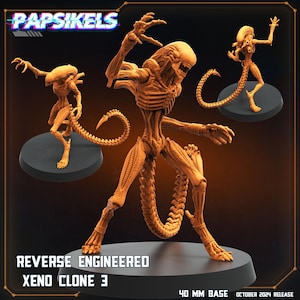 May include: A detailed, orange-brown plastic miniature of a Xenomorph from the Alien franchise. The figure is posed in a dynamic, attacking stance with its tail curled around its body. The figure is labeled "Reverse Engineered Xeno Clone 3" and "40 MM Base".