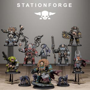 May include: A collection of miniature figurines, including warriors and creatures, displayed on clear stands. The figurines are painted in various colors and feature detailed armor, weapons, and accessories. The text "STATIONFORGE" and a skull logo are at the top.