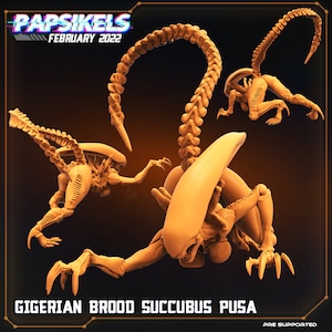 May include: A 3D printed model of a Gigerian Brood Succubus Pusa, a creature from the Alien franchise. The model is in a light orange color and is posed in three different positions. The model is pre-supported for 3D printing.