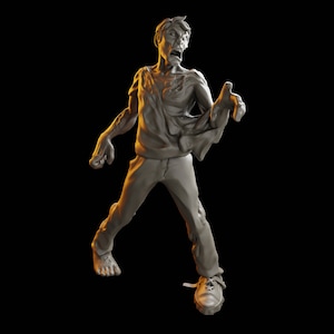 May include: A gray zombie figurine with a torn shirt and one shoe. The zombie is posed with its arms outstretched and its mouth open in a scream.