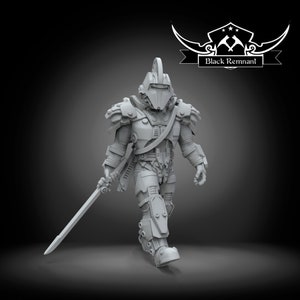 May include: A gray 3D printed miniature of a futuristic warrior wearing armor and holding a sword. The miniature is standing on a gray background. The text "Black Remnant" is visible in the background.
