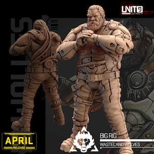 May include: A 3D printed miniature of a futuristic character wearing a detailed, armored suit. The character has a beard and is holding their hands in a defensive position. The miniature is painted in a brown color and is labeled "BIG RIG" and "WASTELAND WOLVES".