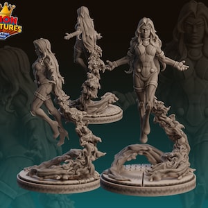 May include: A gray 3D printed miniature of a female figure with long flowing hair, wearing a form-fitting suit with a belt and boots. The figure is posed in a dynamic flying pose with a swirling energy effect around her.