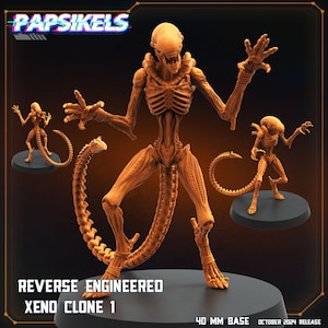 May include: A detailed, brown, plastic miniature of a Xenomorph from the Alien franchise. The figure has a long, segmented tail and a skeletal, articulated body. The figure is posed in a dynamic, attacking stance. The figure is labeled "Reverse Engineered Xeno Clone 1" and "40 MM Base".