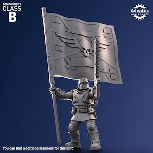 May include: A gray plastic miniature of a soldier holding a banner with a skull and wings. The banner has the text "CLASS B" on it. The miniature is compatible with the Adeptus Miniatures line.